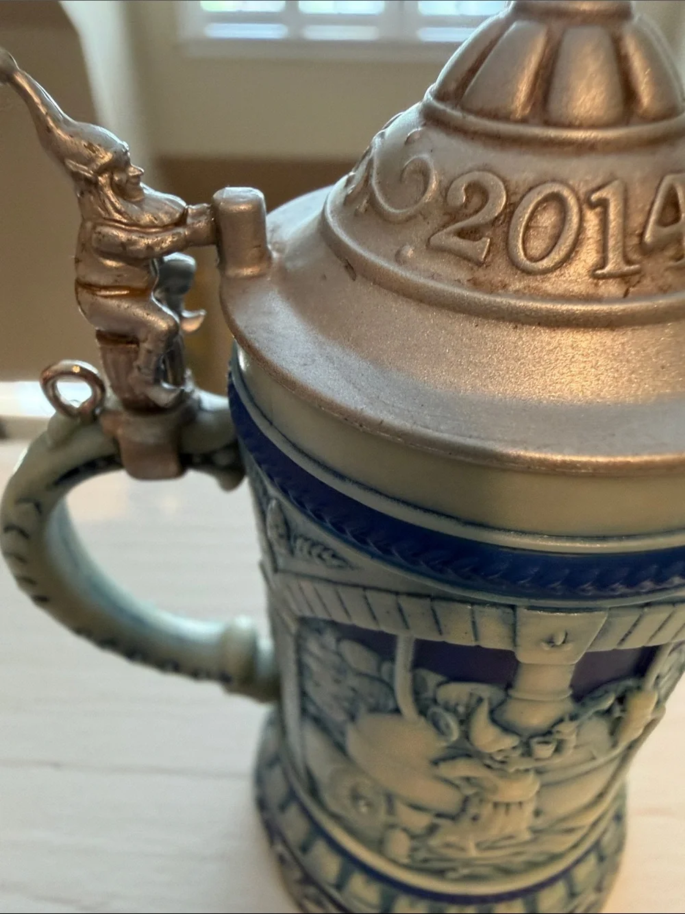 Hallmark Blue and White Ceramic-Style Beer Stein Ornament with Pewter-Tone Lid